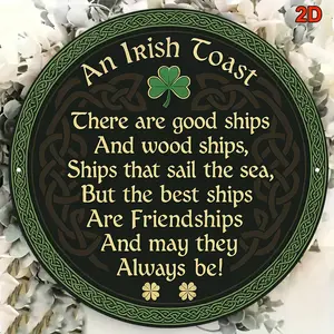 2D Flat - 1pc 8'' Round Irish-Themed Wall Plaque with Vintage Celtic Knot & Shamrock Design, Irish Blessing Poem, Dark Green & Golden Accents Metal Sign for Bar, Living Room, Office, Cafe Decor St. Patrick's Day