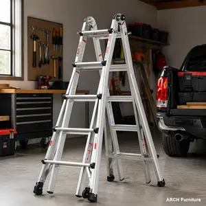22 ft Length Aluminum Multi-Position Ladder, 300lb Weight Rating, A-Frame Form, Height Adjustment, Hinged Locks, Easy Setup, with Wheels