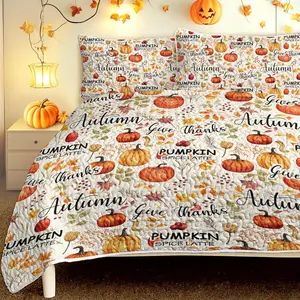 SLEEPWISH Pumpkin Autumn Leaves Design Quilt Set 3 Pieces King Size All Seasons Bedding Quilt Bed Set with 2 Pillowcases for Kids Teens Adults Bedroom Decor