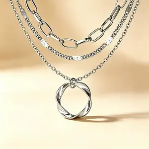 Stylish Stackable Necklace Set for Women, Fashionable Silver Layered Necklace with Circular Pendant, Exquisite & Elegant Jewelry Accessories for Daily Wear, Party, Beach, Birthday Gifts