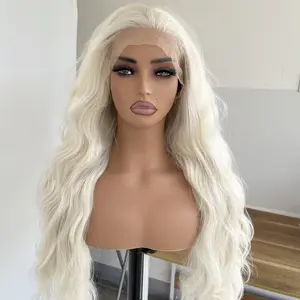 Platinum blonde Long Wavy Heat Resistant Hair Women 13X4 inch Large Area Pre plucked Lace Frontal Wigs Natural Hairline