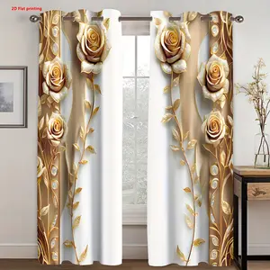 2pcs, 2D Flat Printing Not Multi-Layer Curtains, Golden Dimensional Rose Art, Installed By Punching Holes, Polyester Material Can Soften Light And Protect Privacy, Suitable for Living Room, Bedroom, Bathroom, Restaurant, Home Decoration, 2D Flat