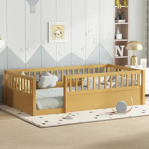【Bellemave】Full  Floor Bed Frame with Fence, Montessori wooden children's floor bed,Wood Kids Floor Beds Frame for Bedroom Playroom,Natural