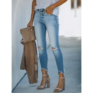 guapi rhinestone jeans European And American Cross-border New Women's Clothing High Elastic Ripped Button Slim Mid-waist Jeans For Women