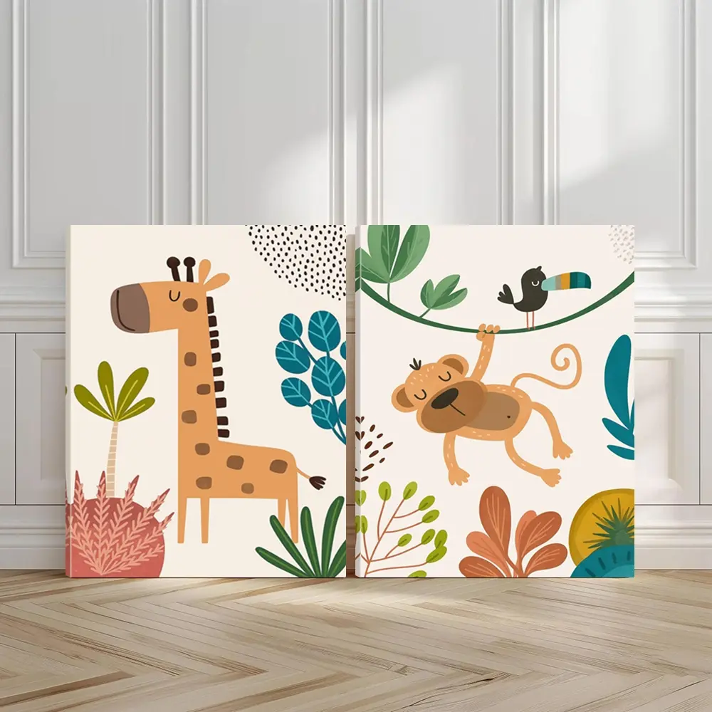 2pcs Safari Adventure Wall Art, Jungle Fun Poster, Playful Animals Art Prints, Exotic Vibe Home Decor, Modern Wall Paintings, Minimalist Canvas Posters Wall Arts, Decor for Living Room, Restaurant, Kitchen, Bedroom, Housewarming Gift, With Frame