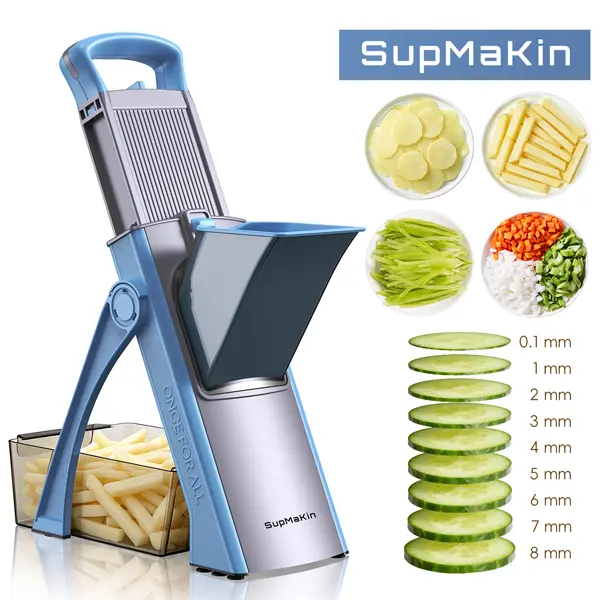 SupMaKin Upgrade Safe Stainless Steel Mandoline Slicer Plus - Larger Feed Port Cuts More at Once, Adjustable Kitchen Utensils, Collapsible Potato Fries Cutter, Detachable Blade, Fast Uniform Cuts Vegetable Cutting Slicer (Sky Blue), Home Cooking