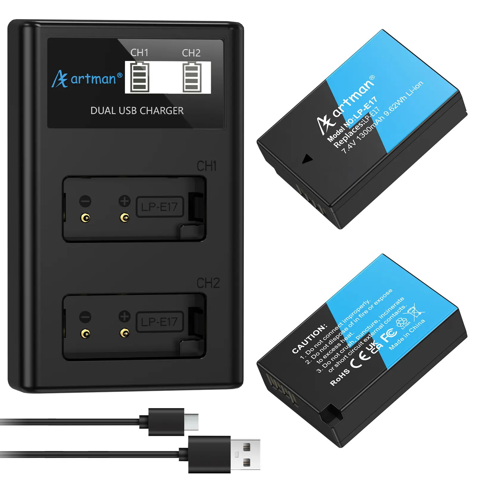Artman Upgraded LP-E17 Battery 2-Pack and LCD Dual Charger for Canon EOS R50 R8 RP R10,Rebel T6i T7i T8i,T6s,SL2,SL3,EOS M3,M5,M6,200D,77D,750D,760D,800D,8000D,KISS X8i Camera camera  accessory