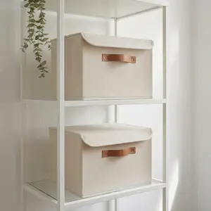 Decorative Linen Storage Boxes with Lids - Large Set of 2 Organizer Bins for Your Home Decor - The Perfect Container to Safely Store Photos, Documents and Memory Box Keepsakes in Style