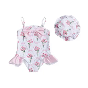 PYBCVRRD Toddler Baby Girl Swimsuit Set Flower Bow Spaghetti Strap Bathing Suit with Hat 2 Piece Swimwear Set for Beach Pool 6M-4Y