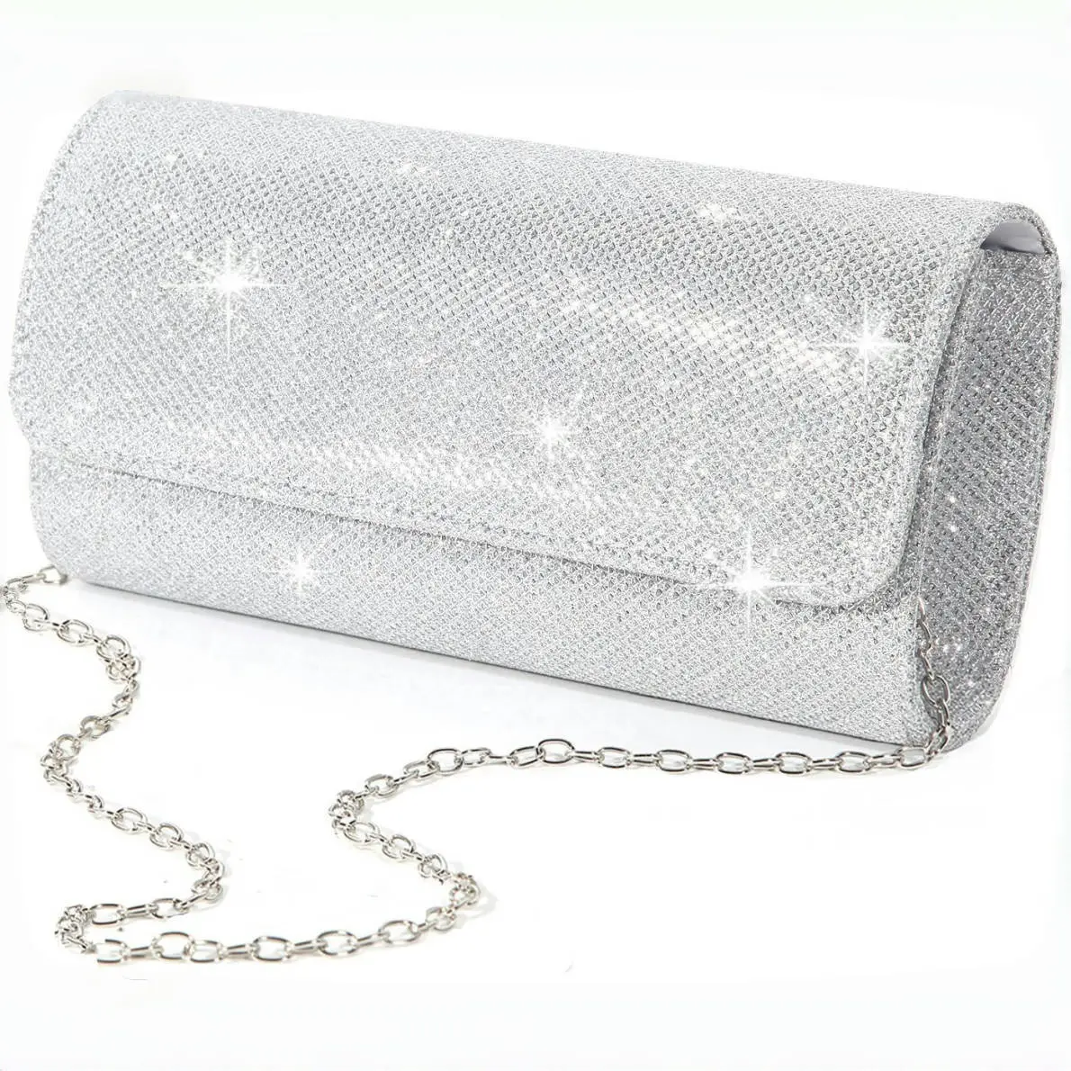 2026Silver Glitter Envelope Clutch Bag with Detachable Chain Strap, Women Sparkly Evening Handbag, Formal Clutch Purse for Wedding Prom Party