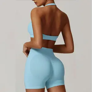 Women’s  2-Piece Workout Set: Halter Neck Sports Bra & High-Waist Butt Lifting Shorts. Seamless, Tummy Control, 4-Way Stretch, Squat-Proof, Breathable, Buttery Soft. Perfect for Yoga, Gym, Running, Casual Loungewear,Backless Halter Crop Top Set