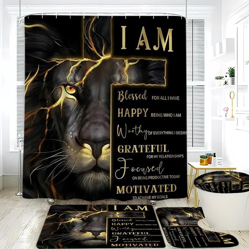 Creative Gold Lion Shower Curtain Set, Waterproof Polyester, Includes Hooks, Toilet Lid Cover, Mat, Home Decor, Holiday Gift, Bathroom Decoration Accessories