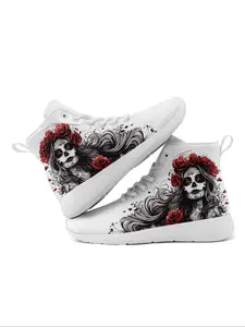 Women's Fashionable Skull & Flower Print Lace Up Front High Top Sneakers Trainer, Casual Comfortable Athletic Shoes for Daily Wear, Breathable Non-slip Sneakers for Party