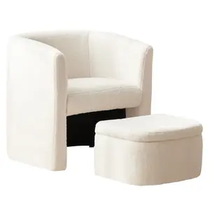 COLAMY Sherpa Accent Chair with Storage Ottoman Set Upholstered Barrel Club Arm Chair with Footrest