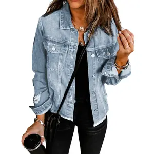 Women's Casual Short Jean Jackets Non Stretch Distressed Ripped Boyfriend Washed Coats Lapel Long Sleeve Denim Jacket Outwear Tops 2026 Womenswear Spring Winter Outfits