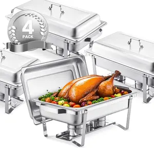 Stainless Steel Chafing Dish Buffet Set (4-Pack, 8 Qt Bakeware) – Rectangle Catering Warmer Server with 4 Full-Size Pans, Lid, Water Pan, Stand & Fuel Holder, for Weddings, Banquets (Silver)