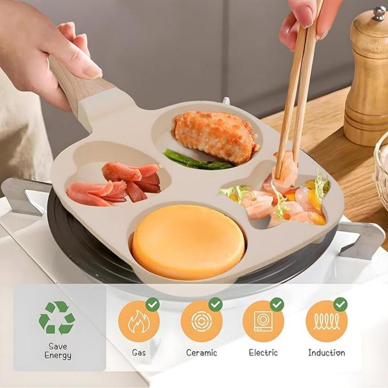 Non-stick Hole Design Egg Frying Pan, 4 Hole Skillet with Handle, Small Egg Fry Pan 4-in-1 Divided Grill Pan, Wooden Handle Stone Omelet Non-stick Cookware, Breakfast Pancake Pan, Kitchen Gadgets for Gas and Induction Cooktops gas stove