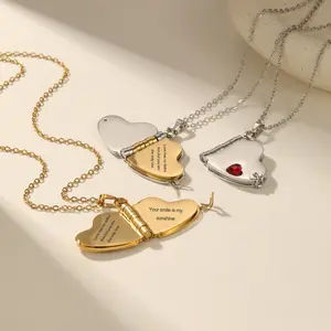 Engraved Openable Heart Book Locket Necklace for Women, Stainless Steel Gold & Silver Pendant with Custom Quote & Red Crystal Detail, Dainty Clavicle Chain, Romantic Keepsake Jewelry Gift for Valentine’s Day, Birthday & Anniversary for Lover and Friends