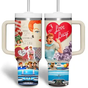 I Love Lucy Custom Tumbler 40oz with Handle, Classic Black White TV Comedy Cup, Lucy Ricardo Fan Gift, Vintage 50s Sitcom Aesthetic Mug, Personalized Name Travel Mug, Stainless Steel Tumbler