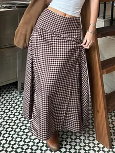 Summer Retro Vintage Gingham Plaid High-Waisted Midi Skirt, Bottoms, Elegant Lady Commute Casual Loose Fit A-Line Umbrella Skirt, Comfortable and Stylish