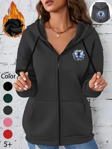 Autumn Winter New Trendy Women's Sweatshirt, Fun Floral Butterfly Print Hoodie Jacket, Casual Sporty Outdoor Zipper Pullover