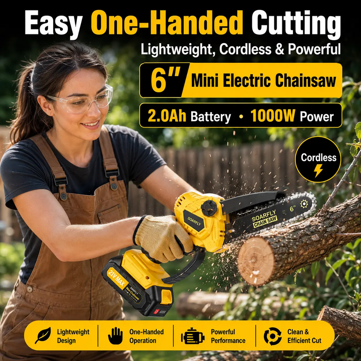 SOARFLY 6-Inch Cordless Mini Chainsaw with 2 Batteries, 21V Lightweight One-Hand Electric Chainsaw, Tool-Free Chain Tension & Safety Lock for Tree Trimming and Yard Work