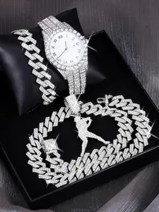 Men's Hip Hop Style Rhinestone Decor Jewelry Watch Set, Including Round Dial Watch & Bracelet & Pendant Necklace, Fashion Watch Set for Party, Daily Decor, Exquisite Watch Set for Gift