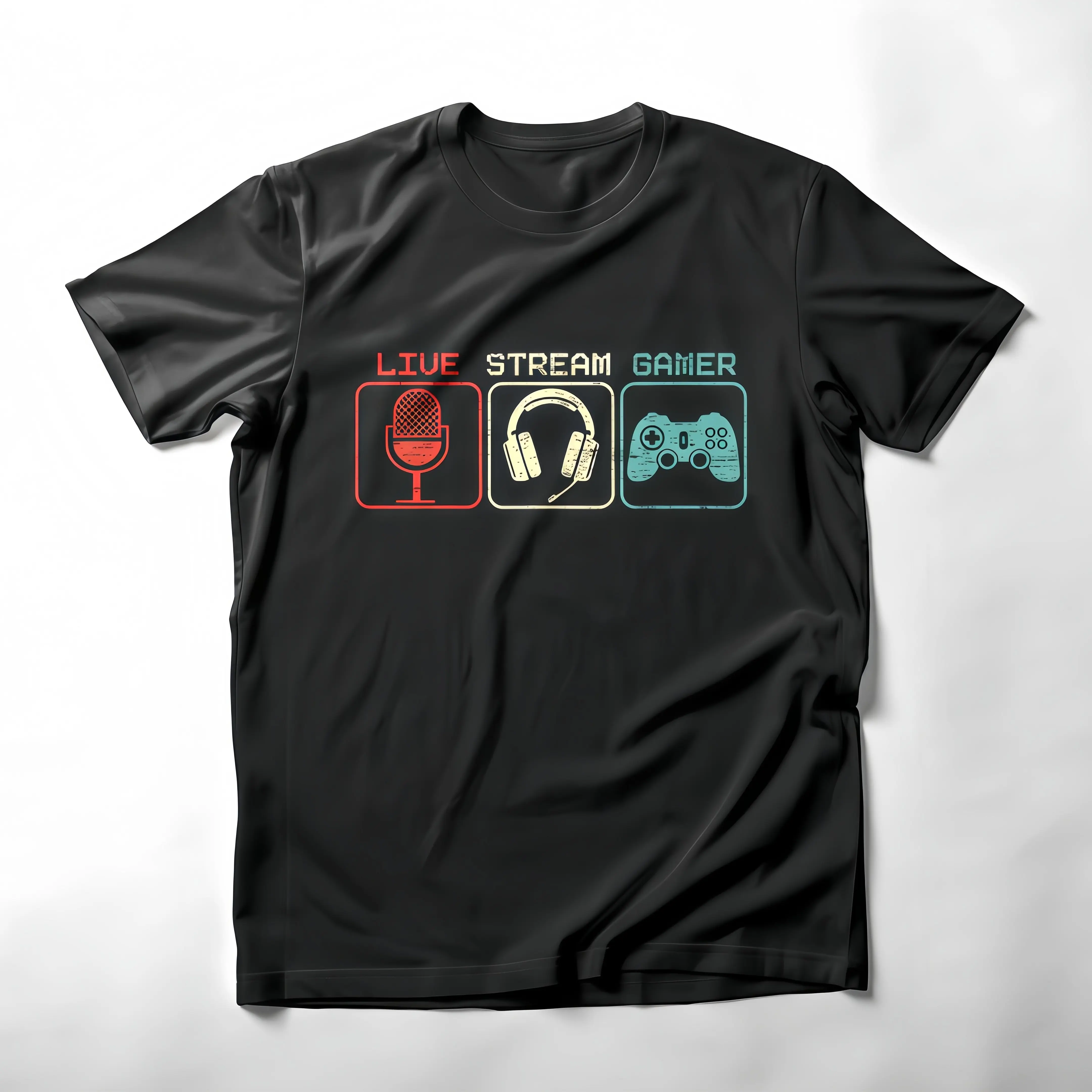 Men's Graphic Gaming Tshirt with a Retro Mic & Controller Print, All-Season Casual Tops, Gift for Gamers and Streamers, Shortsleeve, Menswear, Retro Look, All Seasons, Round Neck, Graphic Print, Gaming Theme, Crew Neck