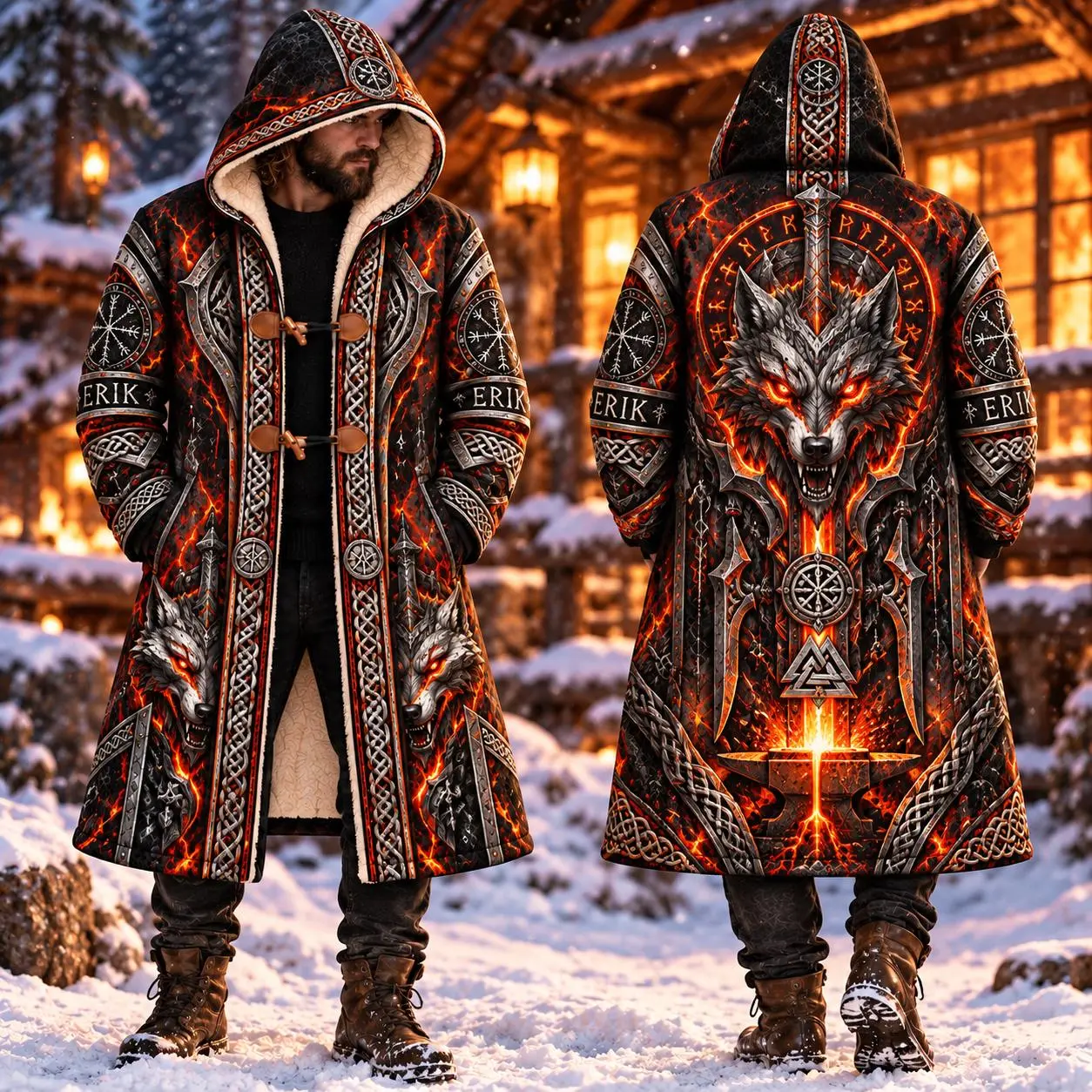 Personalized Viking Fire Wolf Hooded Coat for Men, Norse Fenrir Flame Jacket, Gothic Lava Wolf Outerwear, Dark Fantasy Warrior Gift for Him