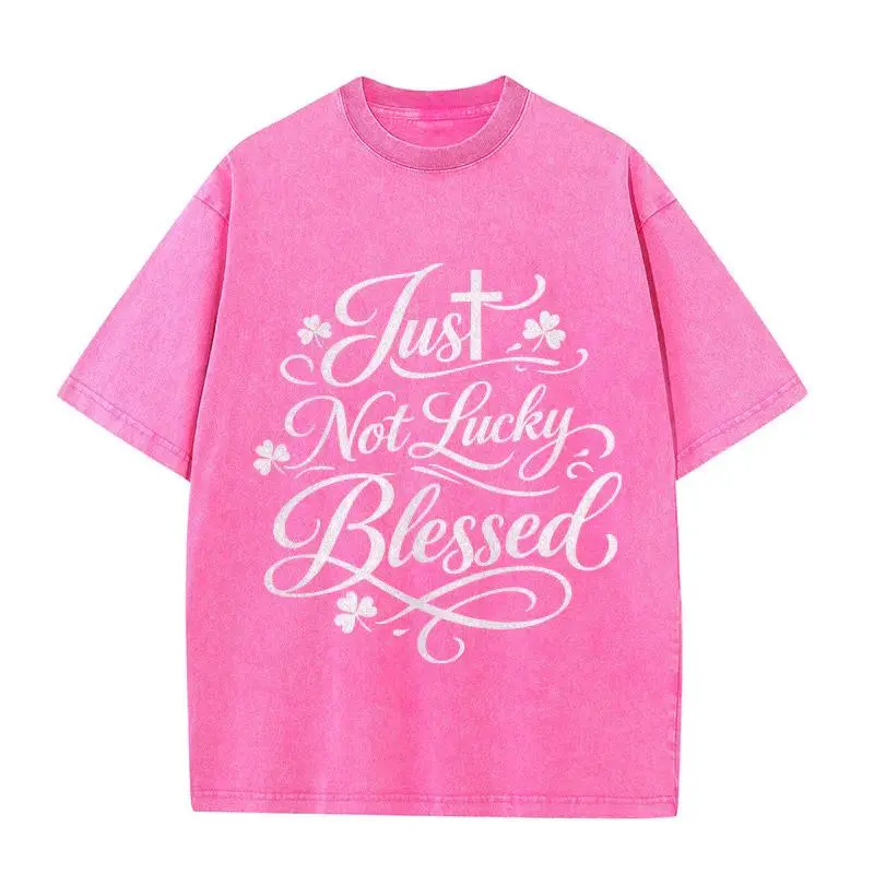 Men's 100% Cotton Oversized Short-Sleeve Round Neck Casual T-Shirt, Not Lucky Just Blessed Cross Shamrock Graphic Top for Everyday Outfits