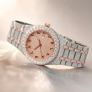 Full Iced quality wrist watch automatic waterproof bling bling diamond style watch round face design with Arabic numerals.