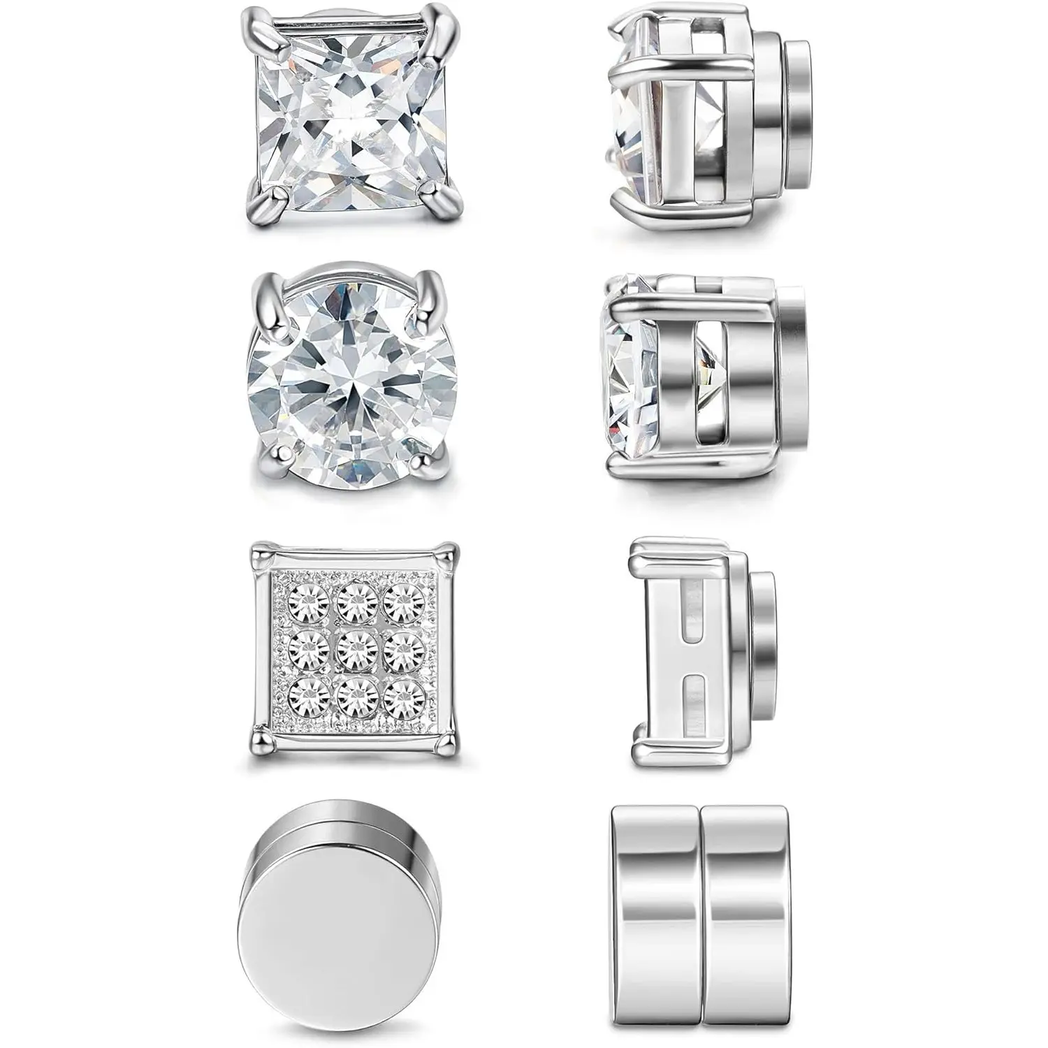 4-Pair Stainless Steel Magnetic Studs with Round & Square Cubic Zirconia, Non-Piercing Sparkling Ear Jewelry for Men & Women, Men's Earrings