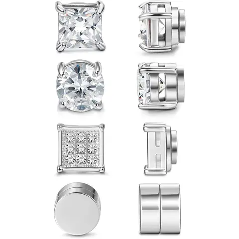 Unisex 4-Pair Magnetic CZ Stud Earrings - Stainless Steel Non-Piercing Clip-Ons with Round & Square Cubic Zirconia, Casual Earrings Set, Men's Accessories, Graduation & Christmas Gifts for Friends (Love-Themed Daily Wear)