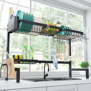 Over the Sink Dish Drying Rack 3-Tier Black Metal Adjustable Large Dish Rack with Utensil Holder Length Expandable 32"-39" for Kitchen Countertop Storage