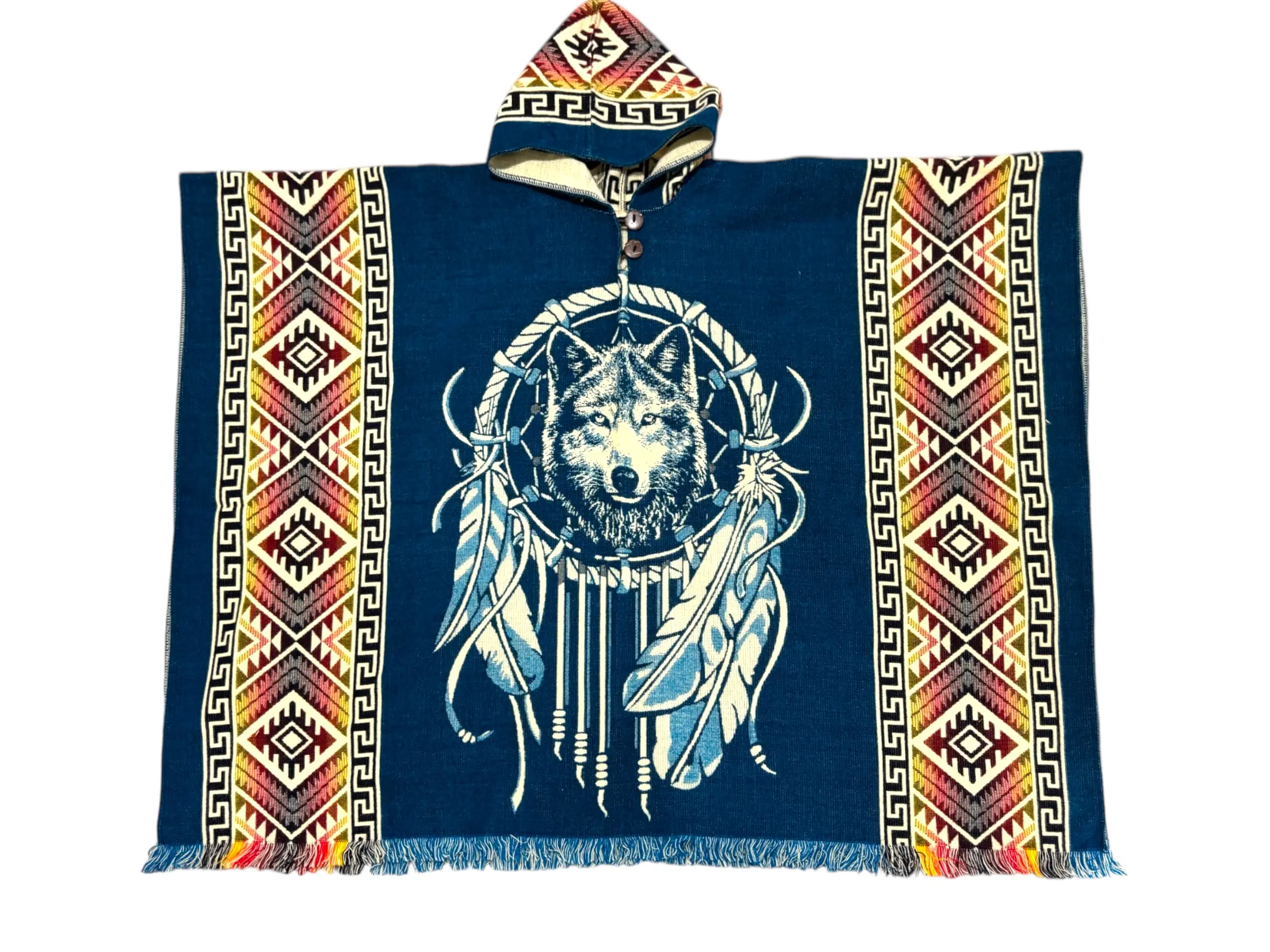 Handmade “Dream Wolf” Alpaca Wool Hooded Poncho | Blue and Yellow Tribal Design | Bohemian Fringe Cape | Cozy Winter Wear | One Size Fits All | UNISEX Sweaters Menswear