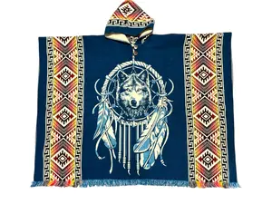 Handmade “Dream Wolf” Alpaca Wool Hooded Poncho | Blue and Yellow Tribal Design | Bohemian Fringe Cape | Cozy Winter Wear | One Size Fits All | UNISEX Sweaters Menswear