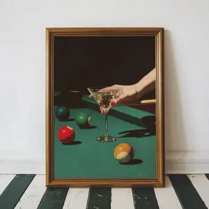 Vintage Dive Bar Martini Pool Poster Art, Retro Billiards Smoking Cocktail Oil Painting Art, Lucky 8 Ball Print