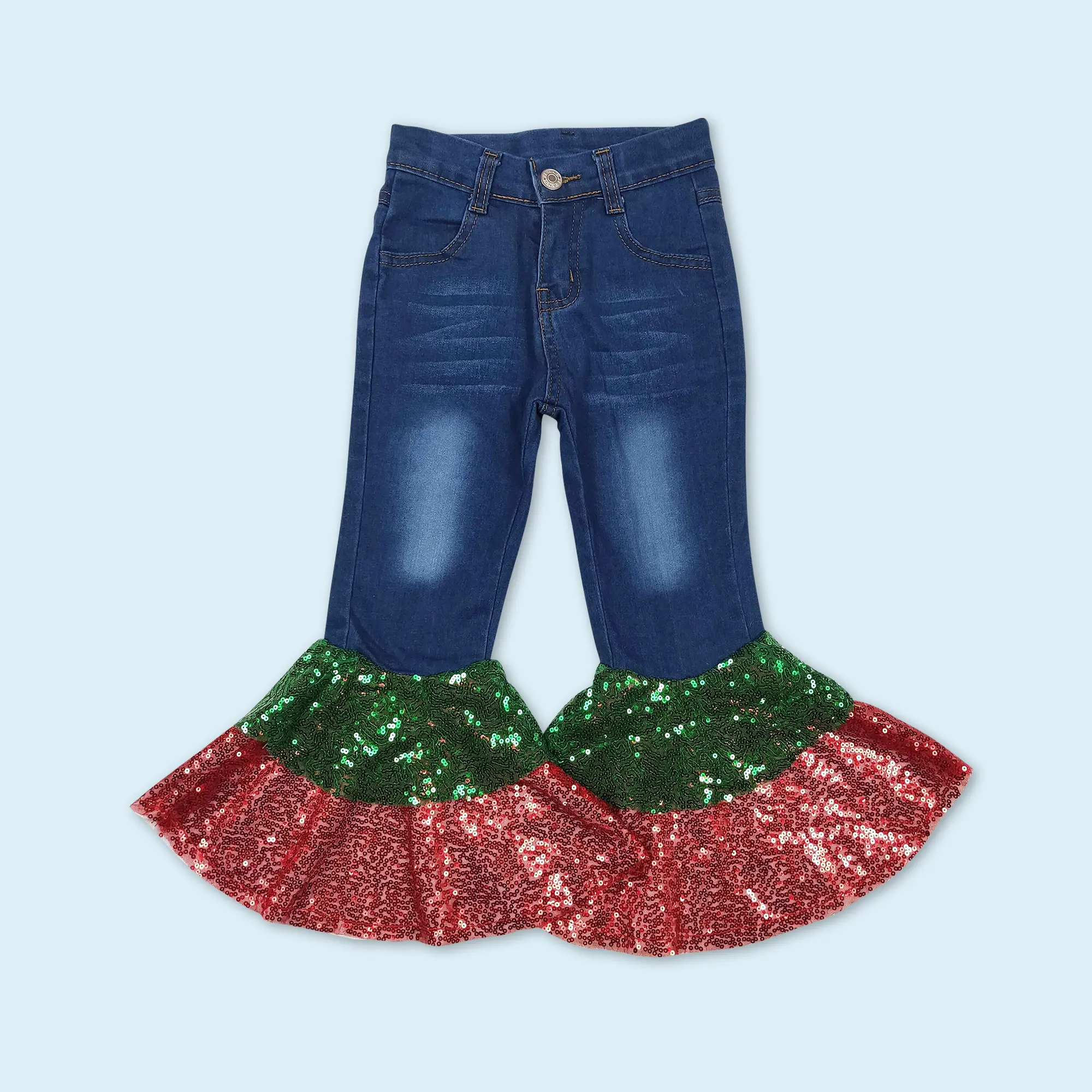 Kids girls jeans bell bottoms sequins ruffle pants