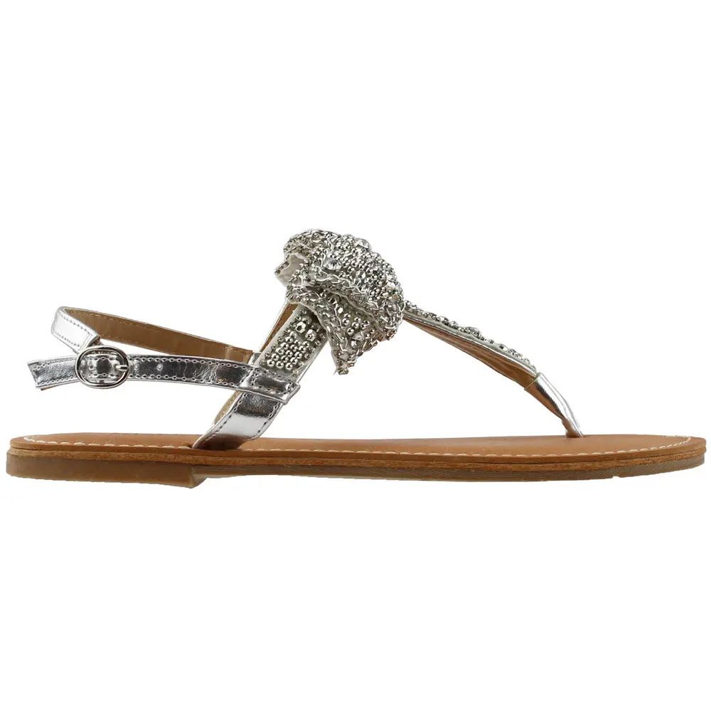 Dolce by Mojo Moxy Womens Sienna Rhinestone Flat T-Strap Casual Sandals Casual - Silver