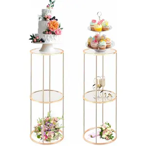 2PCS 2 Tier Round Gold Flower Stand for Party, Tall Acrylic Pedestal Stands for Display Decoration, Flower, Candle, Dessert, Birthday, Wedding, Baby Shower, Bridal Shower, Cylinder Column for Centerpieces