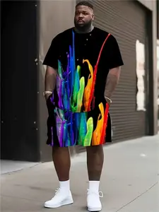 Men's Graffiti Art Graphic Polyester T-Shirt and Shorts Set, Round Neck, 3D Flower Print, Casual Knit Fabric, Loose Fit, Summer Outdoor Wear