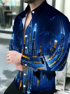 Men's Breathable Collared Long-Sleeve City Night View Print Shirt