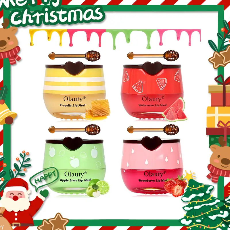 4 PCS Honey Pot Lip Mask Set – Fruity Flavors: Honey, Strawberry, Watermelon & Apple Lime – Moisturizing Overnight Lip Care for Dry Lips