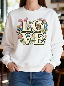 Vintage Coquette Floral LOVE Bunny Sweatshirt | Cute Spring 2026 Easter Outfit | Soft Girl Cottagecore Aesthetic Oversized 100% Cotton Pullover | Pink Bow Graphic Casual Top For Women | Trendy Sweet Cozy Crewneck Streetwear | Viral TikTok Shop Must Have