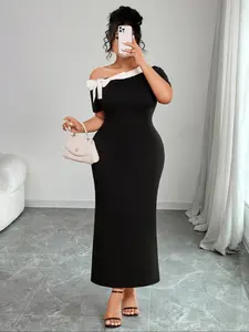 Elegant Plus Size Women's One Shoulder Short Sleeve Formal Evening Dress with Color Block Bow, Sexy American Style, Slim Fit, Side Bow Design