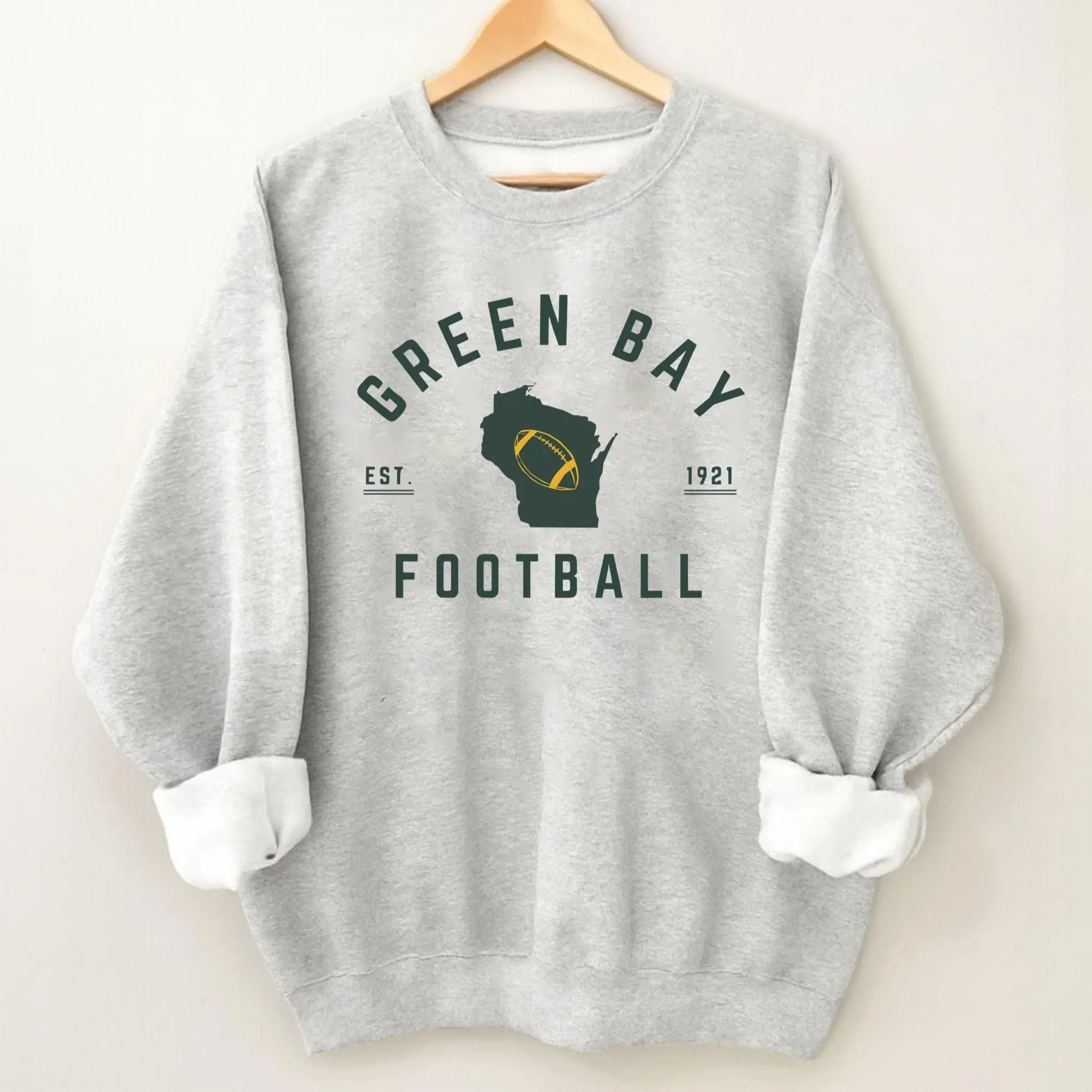 Gildan Men's Ribbed Pullover Sweatshirt - Menswear Classic, Soft Cotton Fabric, Unisex Round Neck, Green Bay Football Vintage Embroidery Print, Casual Game Day Top