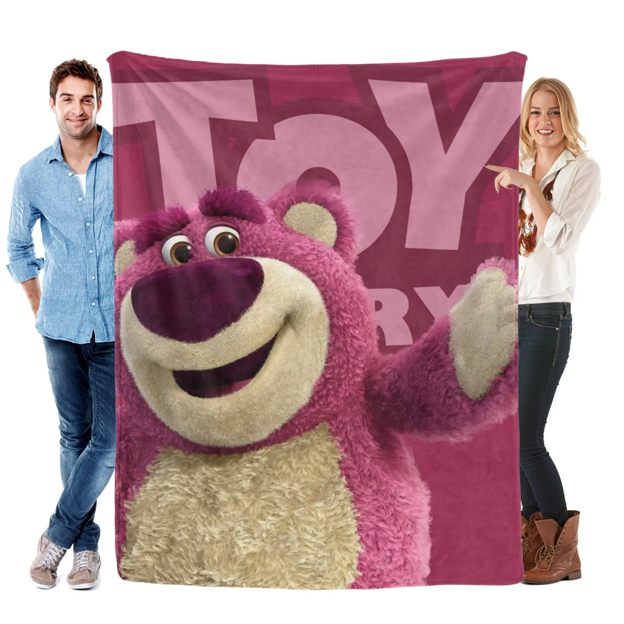 [SummerVibes] DISNEY CLASSIC Toy Story Lotso Soft Flannel Blanket, Vibrant 2D Print Waving Bear Throw for Bed & Couch