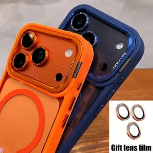 Phone case: Luxurious Orange Magnetic Wireless Charging Metal Lens Mount Phone Case, Compatible with iPhone 17 Pro Max Air 16 15 14 13 12 Pro Max Plus 17pro 17promax, Comes with Independent Lens Protector, Acrylic Back Panel, Shockproof Armor, HD