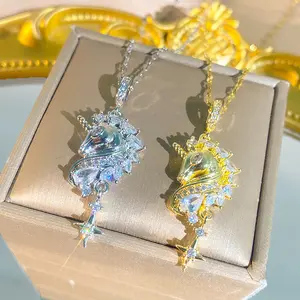 Luxurious Full Crystal Pegasus Unicorn Titanium Steel Necklace| Women's luxury collarbone necklace, moissanite mosaic, bohemian vintage style, suitable for all seasons, an ideal gift for family and friends Stainless Cuban Link jewelry
