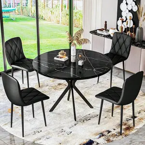 Black Round Dining Table  For 4, 39" Round  Table   4 Upholstered PU Leather Chairs, Circular  Table And Chair  For 4 Person  Metal Frame For Small Space Home  with set Kitchen White Glass Door Wardrobe Versatile Square Air Fryer Window